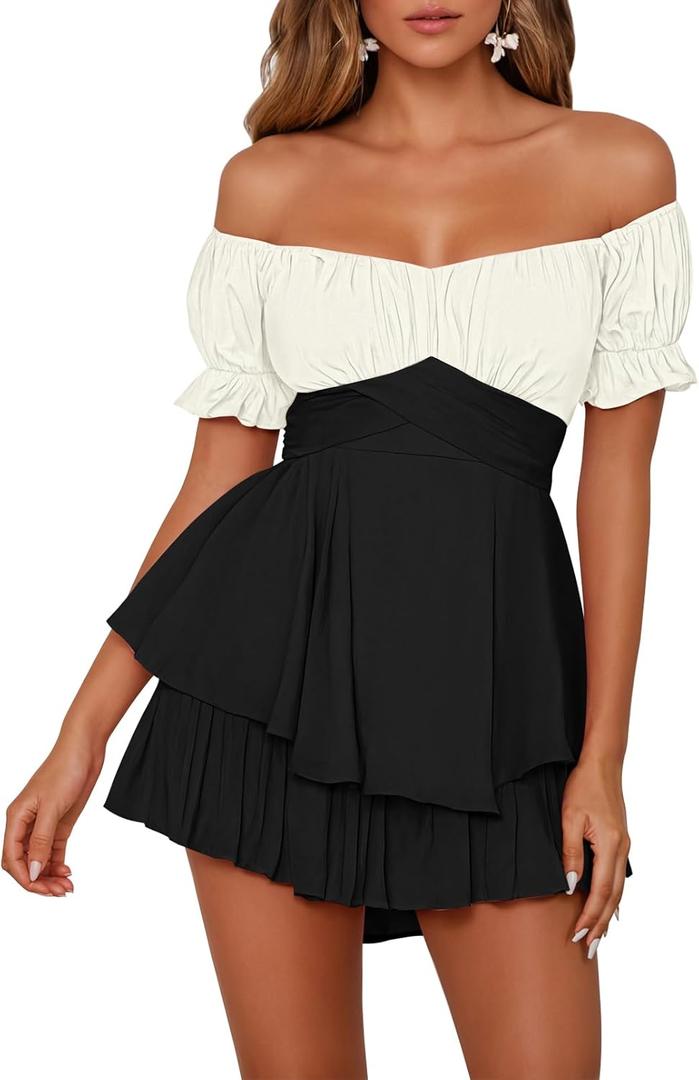Fixmatti Women's Color Block Romper Off The Shoulder Short Sleeve Ruffle Jumpsuits Playsuit (Large, Black and White)