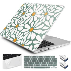 Case for MacBook Pro 16 inch M5 M4 M3 M2 M1 Pro/max 2026 2025-2021 A3429 A3428 A3403 A3186 A2991 A2780 A2485, Plastic Hard Shell & Keyboard Cover &Trackpad Protector&2 OTG, Daisy Flowers