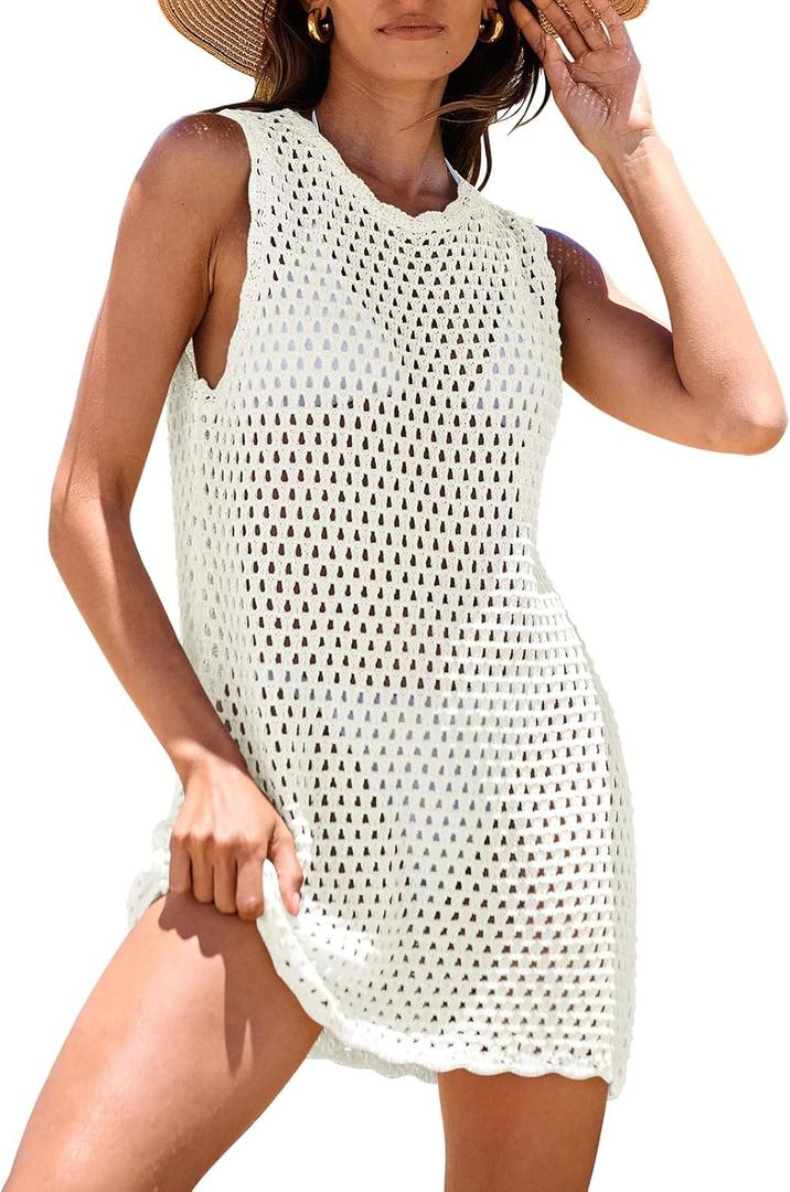 ANRABESS Womens Swimsuit Cover Up Sleeveless Knit 2026 Summer Outfits Swimwear Bathing Suit Coverup Crochet Beach Dress (White, M)