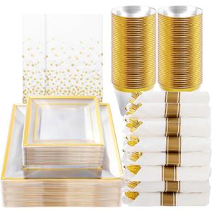 Goodluck 352 Pieces Clear Gold Dinnerware Set for 50 Guests, Clear Square Plastic Plates with Gold Trim, Include: 100 Gold Plastic Plates, 50 Rolled Napkins, 50 Cups, 50 Cutlery Set and 2 Tablecloth