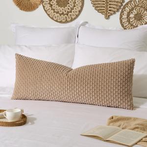 Kevin Textile 14x36 Inch Long Lumbar 1 Pack Boho Decorative Throw Pillow Cover Soft Striped Corduroy Rectangle Cushion Case Farmhouse Solid Color Accent for Living Room Couch Sofa Bed, Tan