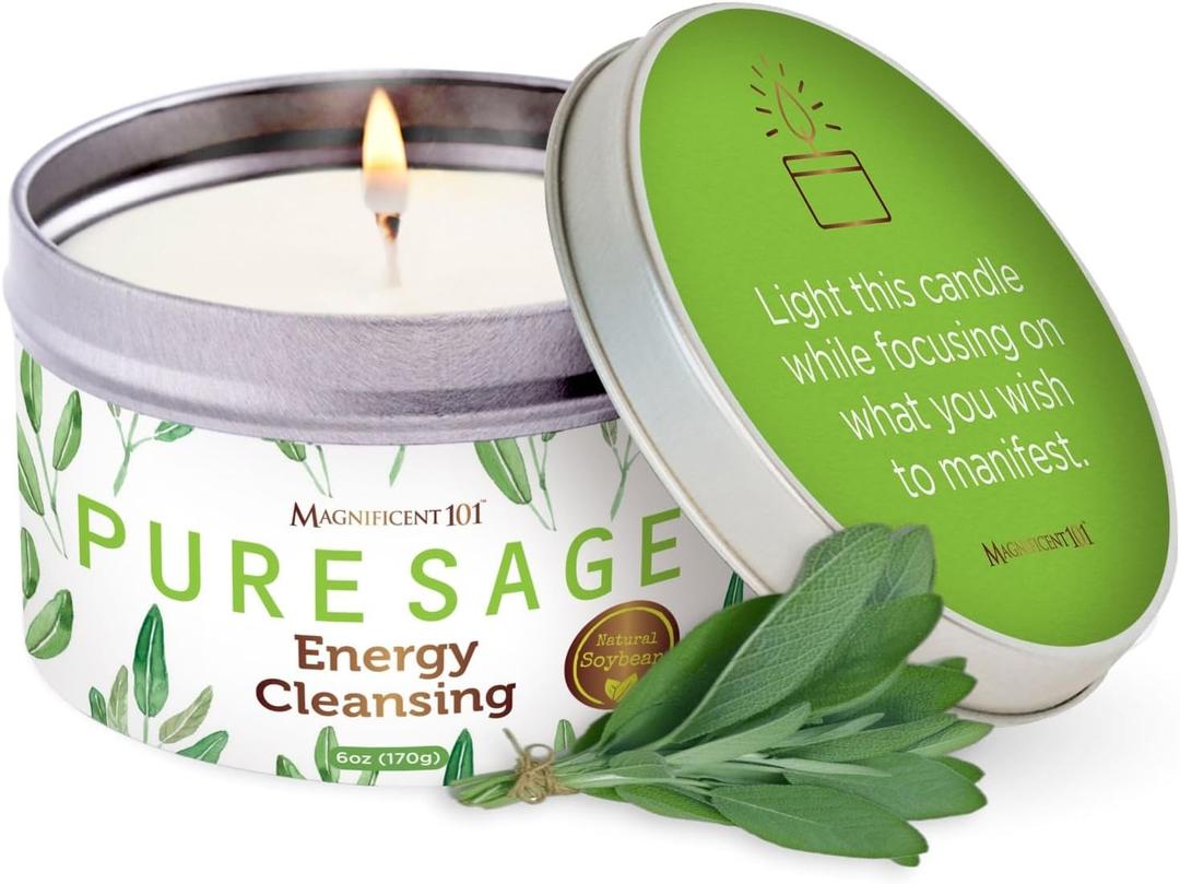 Magnificent 101 Long Lasting Pure White Sage Candle - 6 Oz - 35 Hour Burn Time - Organic, All Natural, Soy Candle to Cleanse Your Home & Calm, Soothe, Use with Sage Smudge Kit - Spiritual (Medium)