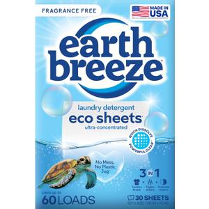 Earth Breeze Laundry Detergent Sheets Fragrance-Free - 60 Loads Eco Liquidless Soap - Travel-Friendly for Hot & Cold Cycles, Tackles Tough Stains & Odors - Gentle on Sensitive Skin, 30 Ct