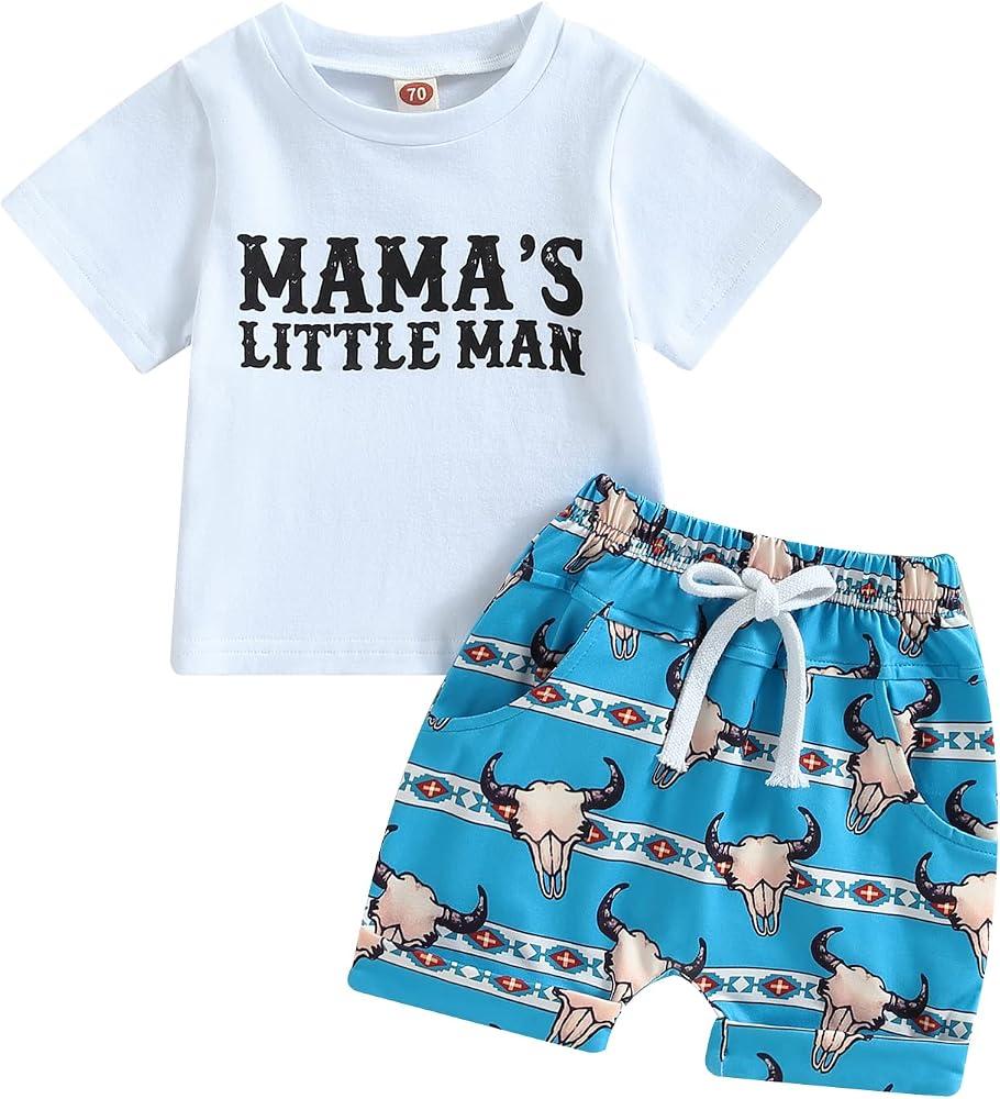 Baby boy summer clothing set, short-sleeved T-shirt with little man print, casual shorts, western cowboy outfits
 80