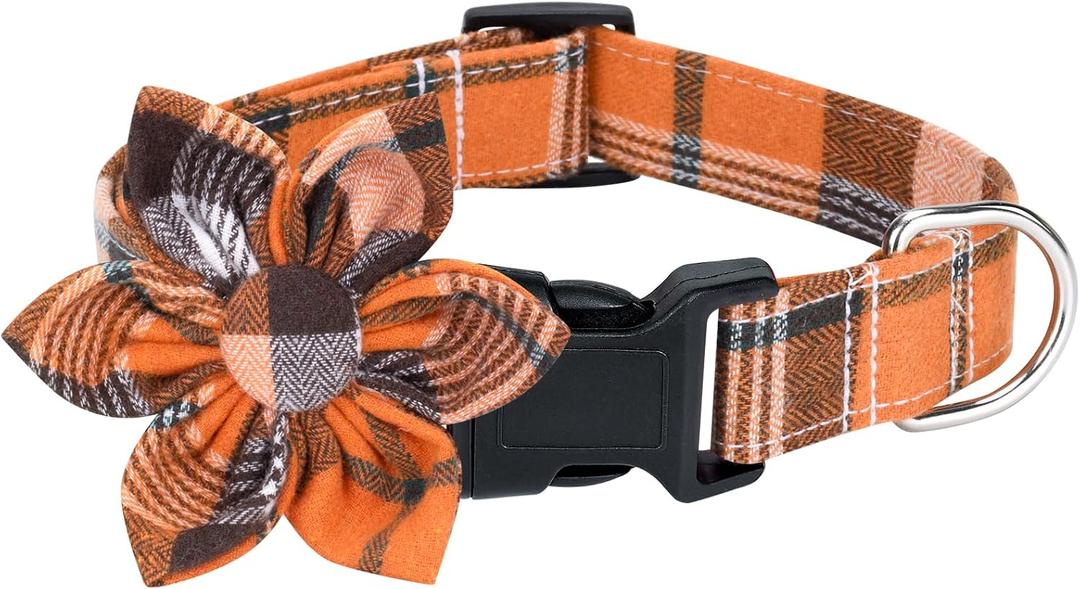 Malier Thanksgiving Dog Collar with Flower, Classic Buffalo Plaid Fall Dog Collar with Buckle Adjustable Thanksgiving Collars with Bow Tie for Small Medium Large Dogs Puppy (Small)