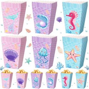 Gueevin 24 Pcs Mermaid Popcorn Boxes Mermaid Treat Boxes Candy Cookie Holder Container for Summer Birthday Ocean Under the Sea Baby Shower Wedding Party Favors Supplies Decorations