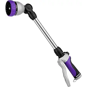Garden Hose Wand Heavy Duty, 16 Inches Metal Watering Wand with 8 Spray Patterns, 180° Rotating Long Hose Nozzle Sprayer Wand with Thumb Flow Control for Watering Hanging Baskets and Shrubs