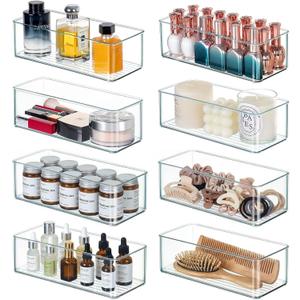 8 PACK Drawer Organizer Bins Bathroom Deep Drawer Organizer Tray for Cutlery Vanity Make-up, Clear Stackable Storage Bins for Kitchen Cabinet Closet Counter Organization and Storage