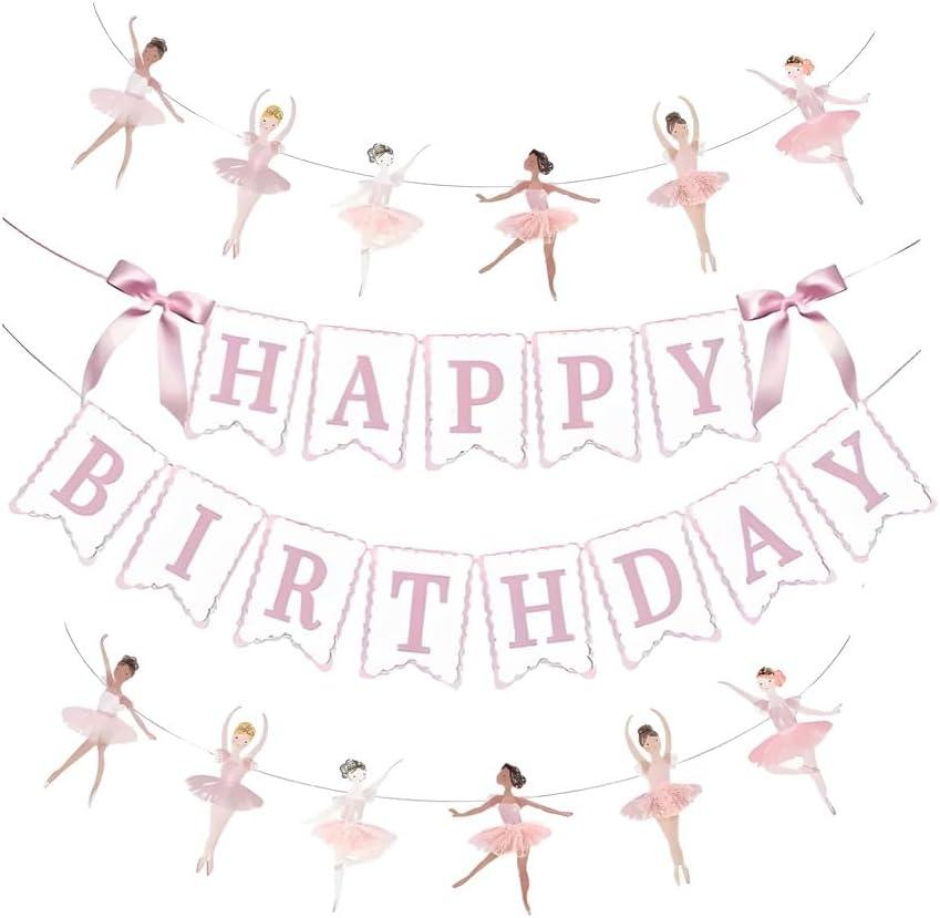 JENSENLIN Ballet Birthday Party Decorations Set,Pink Happy Birthday Banner with Ballerina Garland, Aesthetic Beauty Dance Theme Photo Props, 4 Pieces.