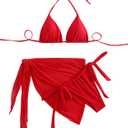 SEGT Women's 3 Piece Swimsuit Triangle Halter Side Tie Thong Bikini Set with Cover Up Skirt (Red) S