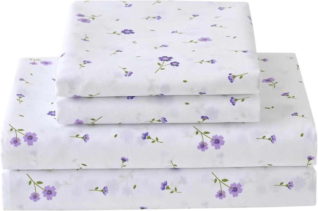 Softan Purple Floral Twin Size Sheet Set, 3 Pieces Microfiber Single Bed Sheets for Girls, Cozy Fitted Sheet with 15" Deep Pockets & Non-Slip Straps, Cute Purple Flower Sheets & Pillowcase Set