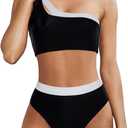 MOOSLOVER Women Cutout One Shoulder High Waisted Bikini High Cut Two Piece Swimsuits (Small, Black White)