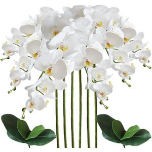 Artificial Phalaenopsis 6 Pcs Artificial Flowers Fake Orchid Flowers Stem Plants with 2 Pcs Leaves for Dcor (White)