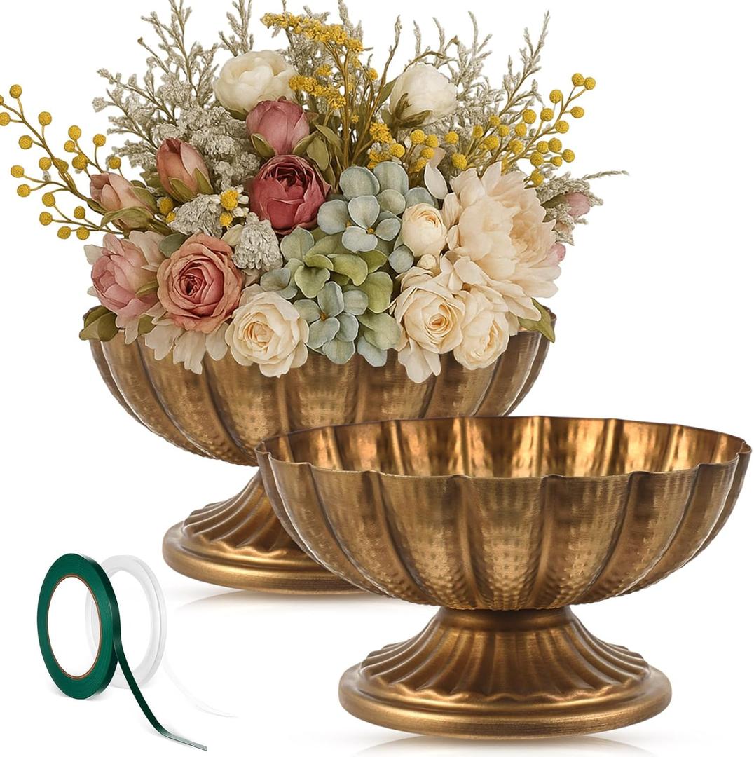 2 Pcs Metal Compote Bowl for Centerpiece Flower Holder Small Compote Vase Indoor Outdoor Flowers Fruits Plant for Christmas Wedding Home Party Decoration (Medium,Gold Bronze)