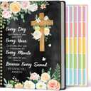 Xqumoi A5 Flowers Religious Black Hardcover Spiral Notebook with Bible Tabs - Cross Floral Christian Bible Verse Ruled Hardbound Journal Book Labels Index Christmas Gift Sunday School Office Supplies