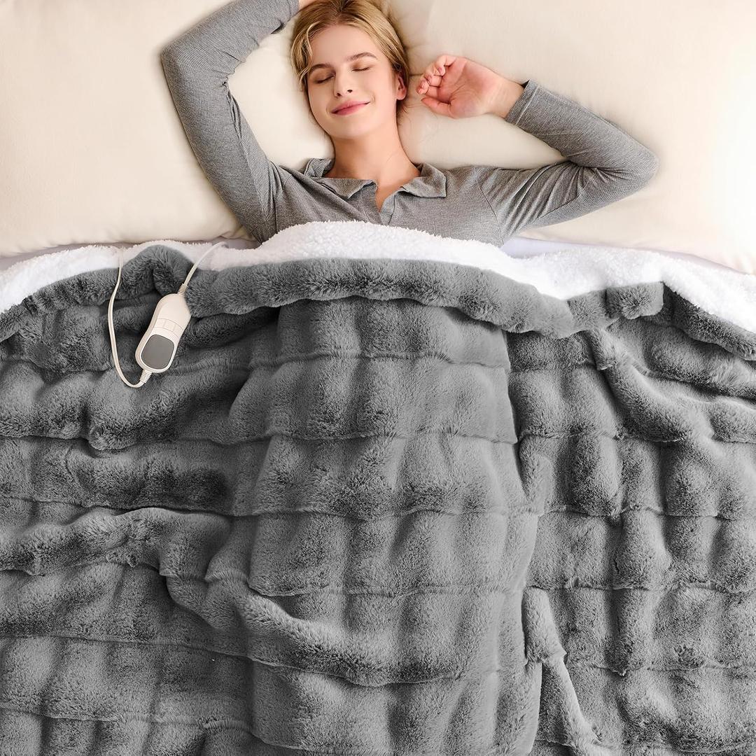 Homemate Heated Blanket Electric Throw - 50"x60" Heating Blanket Throw 1/2/4/6/8 Hours Auto-Off 10 Heat Levels Over-Heat Protection Luxury 800 GSM Faux Fur 200 GSM Sherpa ETL Certification (27 - Stone Grey)