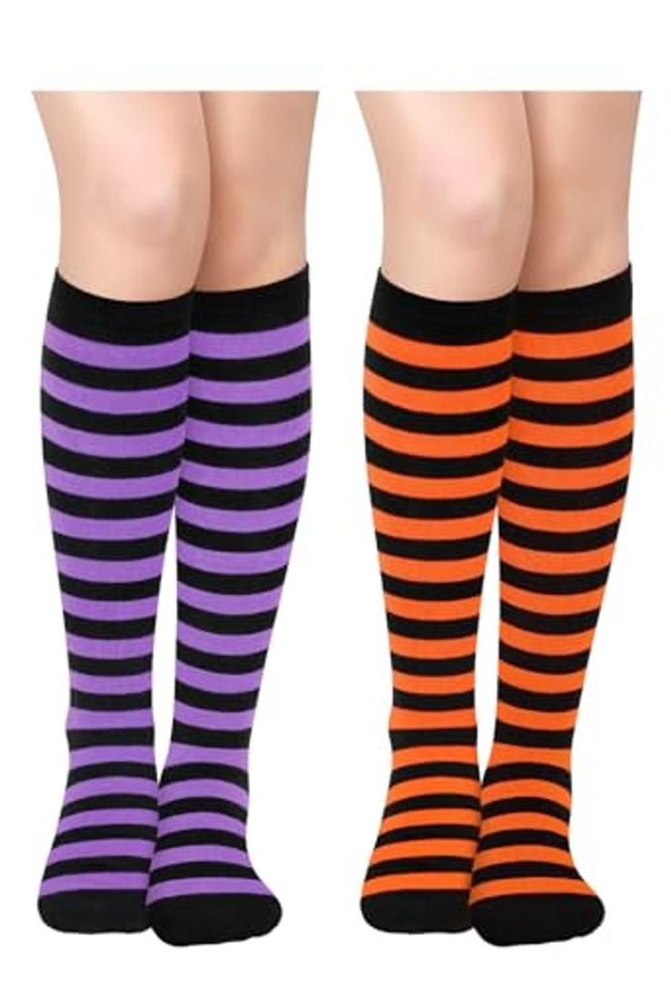 Sarfel Womens Halloween Socks Woman Halloween Knee High Socks Striped Knee High Sock for Women Purple and Black Striped Sock 2 Pairs
