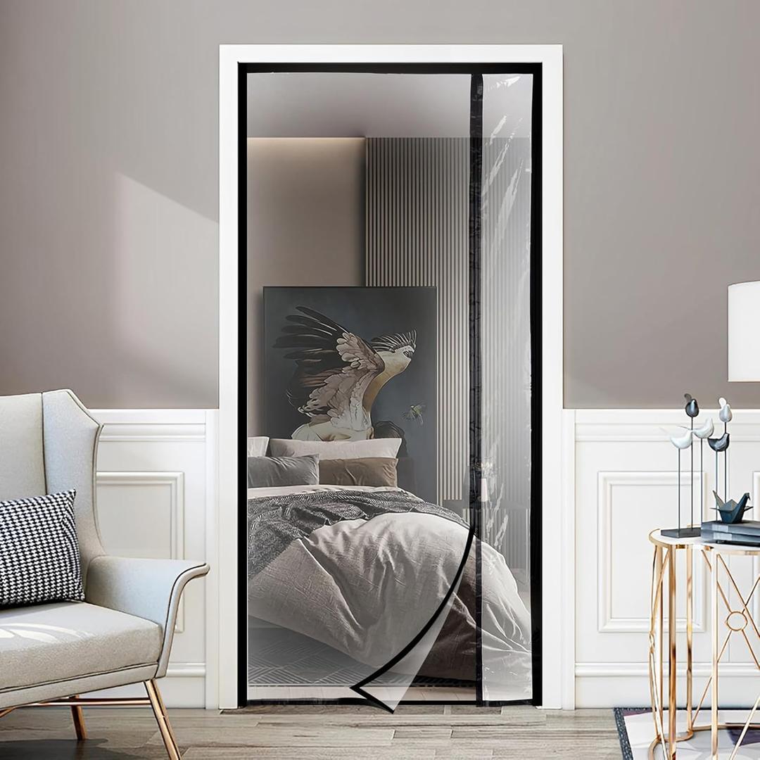 Transparent Reversible Left or Right Side Opening Insulated Door Curtain, Magnetic Thermal Door Cover Self-Closing Screen Door for Kitchen, Bedroom, Air Conditioner Room, Fits Doors up to 36" x 82"