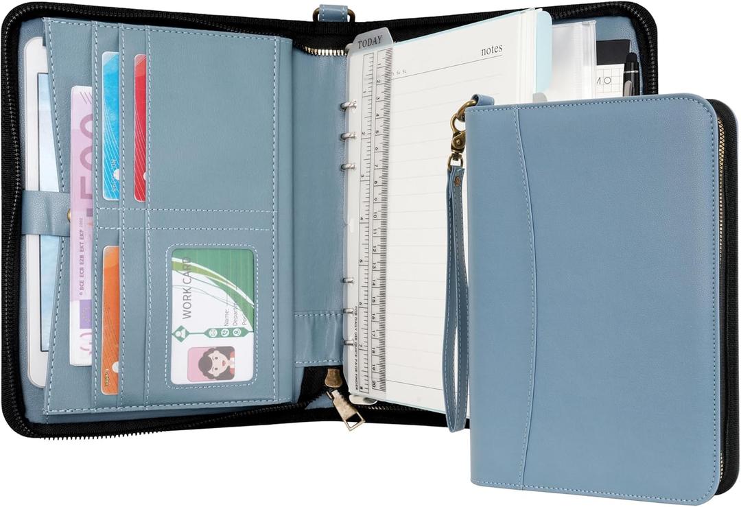 WASON Portfolio A5 Binder Journal with Zipper - Leather pu Writing Notebook Padfolio with Detachable Refillable Notebook, Legal Pad for Business Study and Travel Organizer (Misty blue)