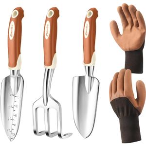 MelonArt Garden Tool Set, 4 Pieces Heavy Duty Gardening Hand Tool Kit Aluminum for Women Men Planting Including Hand Shovel, Transplant Shovel and Hand Rake with Non Slip Rubber Handle and Gloves
