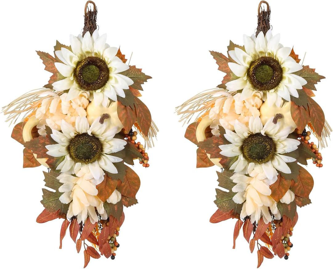 2PCS Fall Teardrop Swag 17.7 Autumn Wall Hanging Wreaths Artificial Pumpkin Maple Swags for Front Door Thanksgiving Harvest Festivals Halloween Decorations (Champagne)