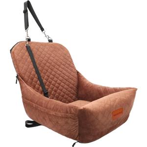 Wooaidagg Dog Car Seat for Small Dogs,Covered Soft Fabric and Fill in Memory Foam,Easy to Assemble and Fully Detachable,2 Clip-On Safety Leashes and Storage Pockets(Brown)