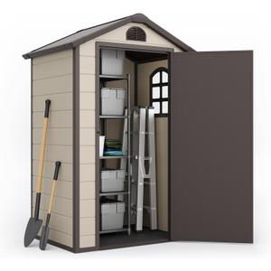 Outdoor Storage Shed 4x3 ft, Resin Sheds & Outdoor Storage, Patio Furniture Shed with Lockable Door, Outdoor Sheds Garden Tools, Bikes, BBQ Grills, Pool Accessories for Backyard, Patio