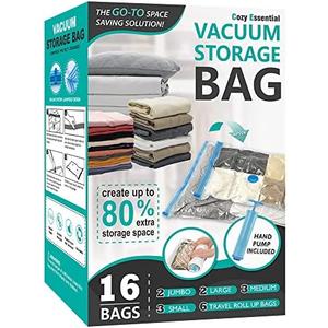 16 Pack Vacuum Storage Bags, Space Saver Bags (2Jumbo/2Large/3Medium/3Small/6Roll) Compression Storage Bags for Comforters and Blankets, Vacuum Sealer Bags for Clothes Storage, Hand Pump Included