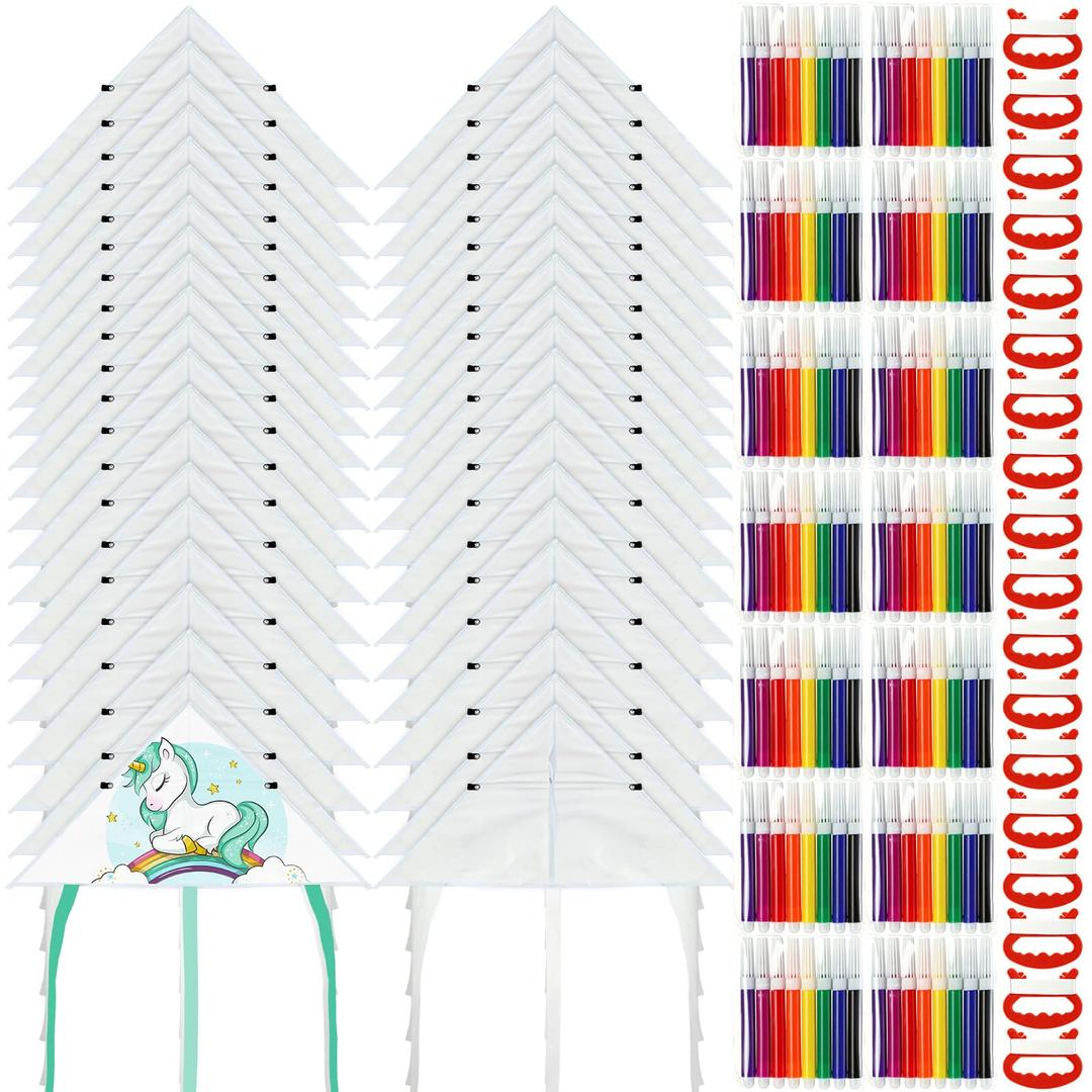 Syhood DIY Kite Bulk Blank Kite Making Kit with Watercolor Pens and String 20 Inch Summer Beach Decorating Coloring Party Set for Craft Outdoor