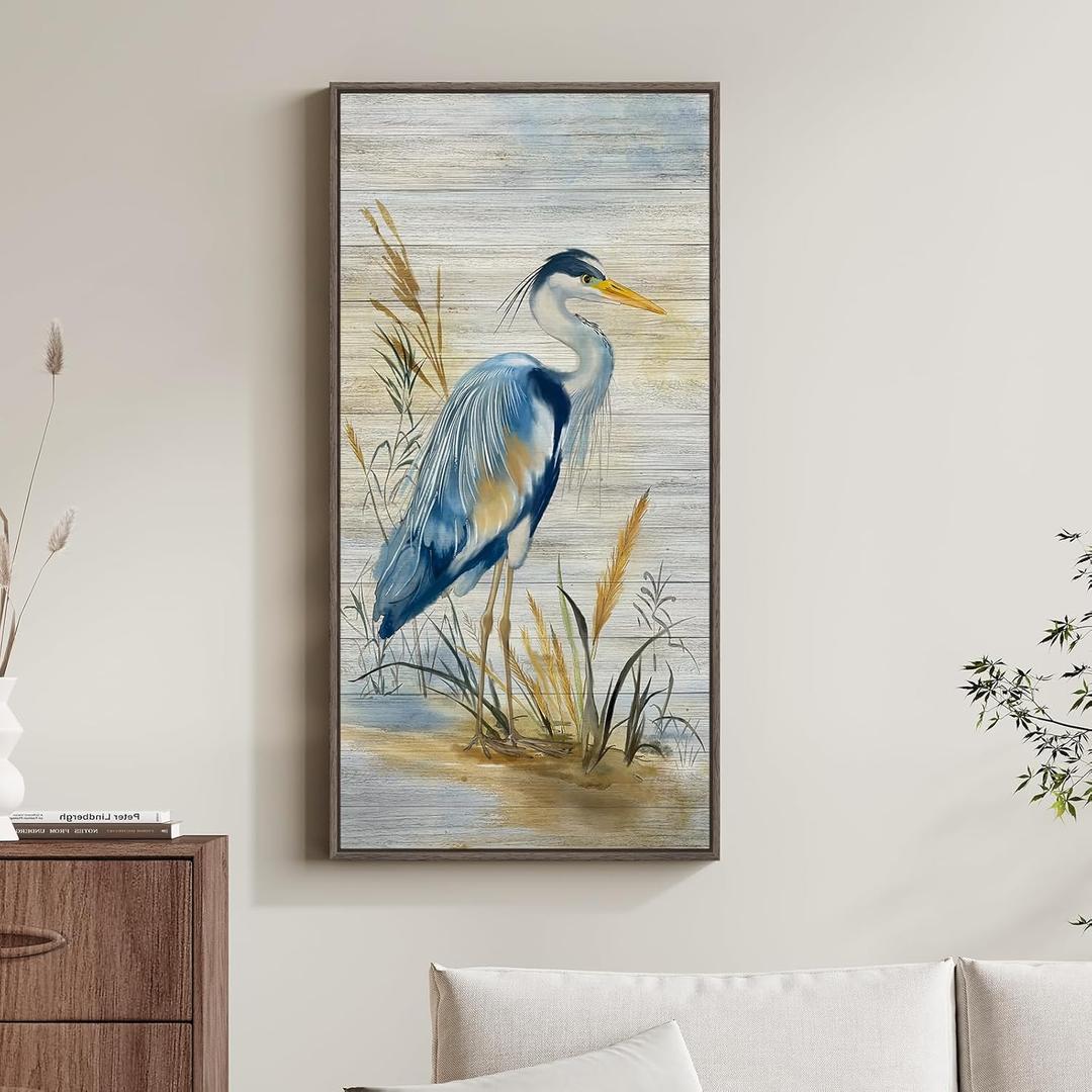 Framed Vertical Blue Heron Living Room Wall Art, Large Vintage Bird Picture Artwork for Walls, Coastal Heron Farmhouse Vertical Canvas Print for Office Kitchen Foyer Stair Hallway Wall Decor, 20x40 In