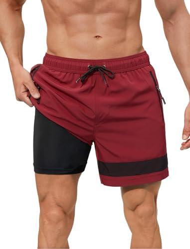 SILKWORLD Mens Swim Trunks with Compression Liner Quick Dry 6 in Bathing Suit Summer Swim Shorts with Zipper Pockets, Red, XXL