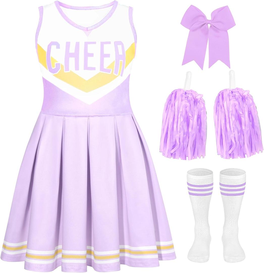 Cheerleader Costume for Girls Cheerleader Outfit for Kids Cheerleading Dress with Pom Poms for Halloween Dress Up (10-11 Years)