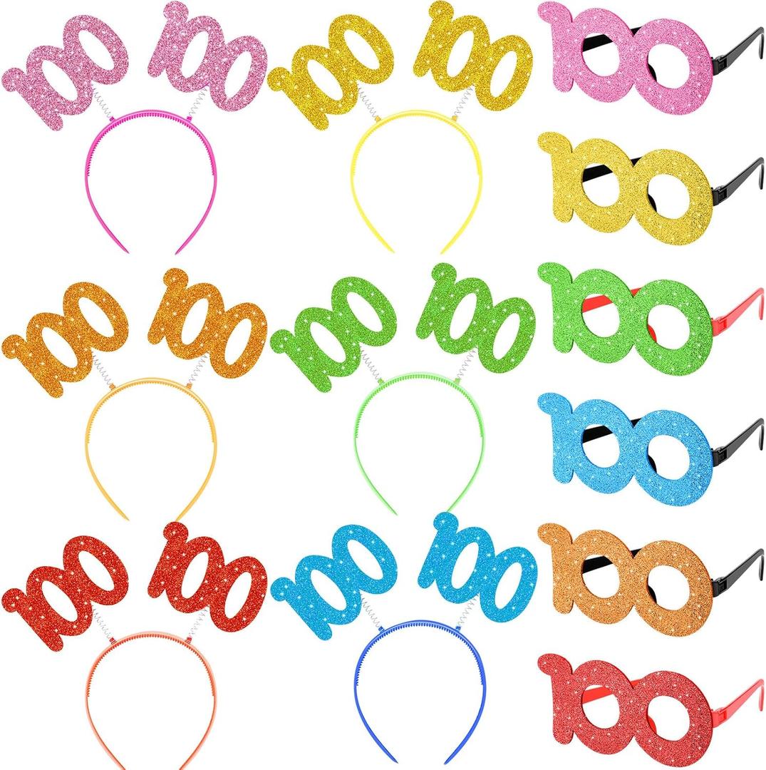 Geosar 100 Days of School Glittered Boppers and Eye Glasses Set, 100 Days of School Headband Photo Props Glasses for Kids