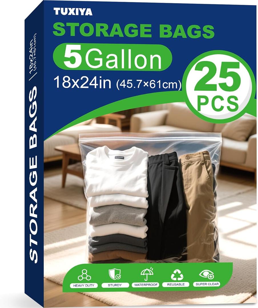 TUXIYA 25PACK 5 Gallon Large Zipper Bags for Storage 18 x 24 Inch, Large Clear Zipper Bags Reusable with Sealable Zippers Top for Clothes, Travel & Moving,Thick 4 Mil