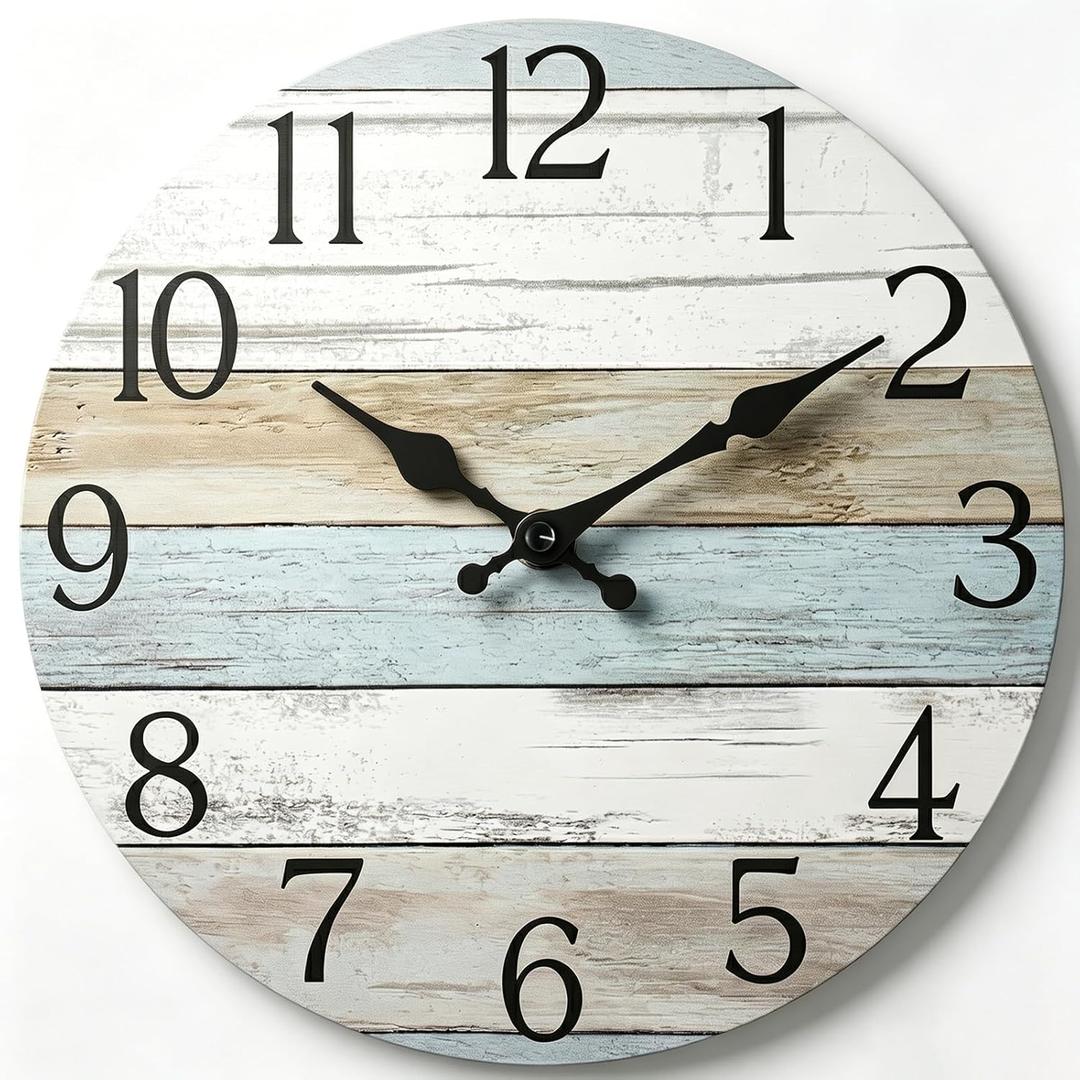 HYLANDA Wall Clock, Silent Non Ticking Wall Clocks Battery Operated, Rustic Wooden Clocks Decorative for Kitchen, Bathroom, Bedroom, Living Room, (8 Inch) (A-blue White Brown)