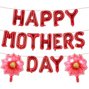 4 x Happy Mothers Day Balloons 16 Inch Red Letter Balloons Sunflower Balloons Mother's Day Foil Balloons for Mothers Day Decorations Supplies