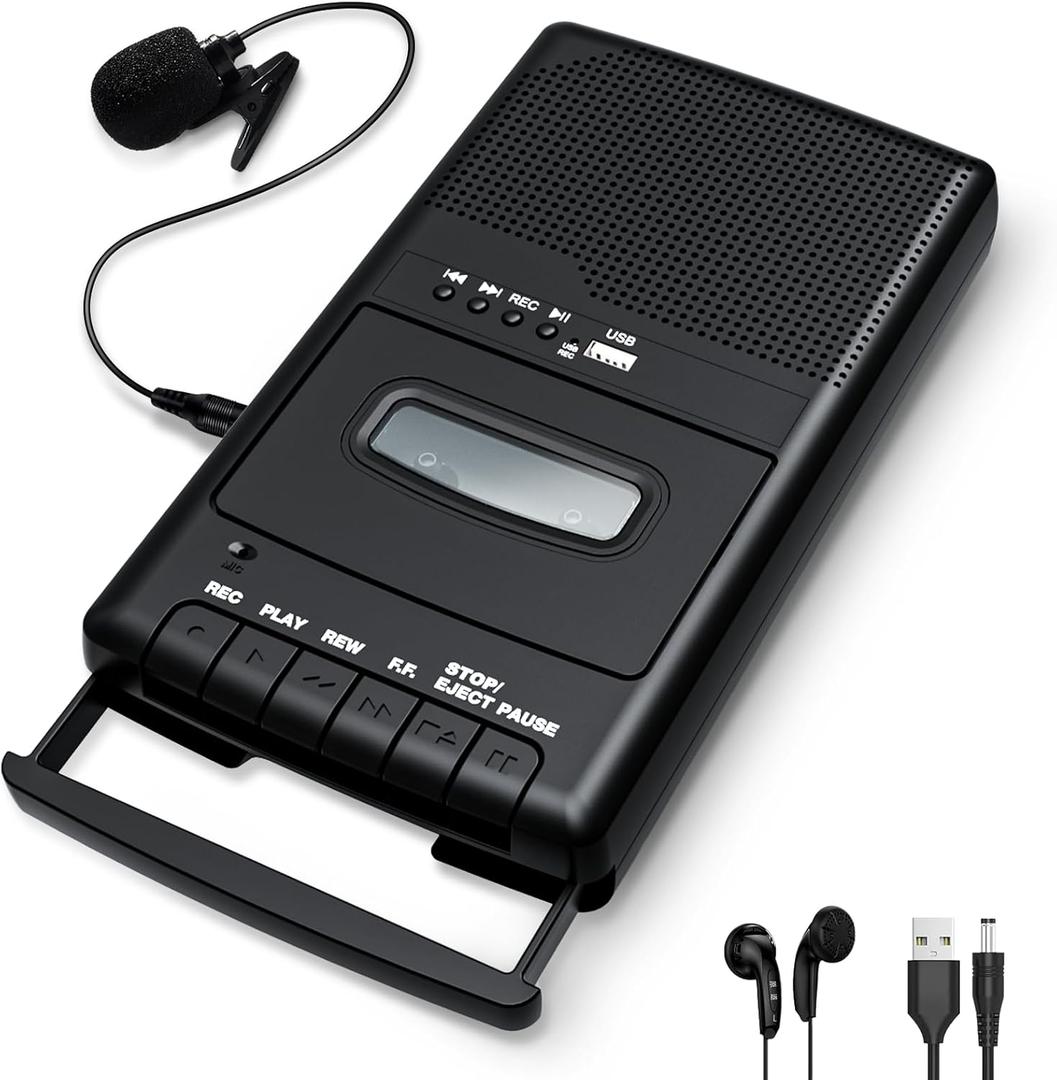 Cassette Player Recorder & Converter, Recording to USB/Tape from Mic, Convert Tapes to WAV Digital via USB Drive, Portable Tape Player with Collar Mic, Retractable Handle, 3.5MM Earphone Jack, REM Port (Black)