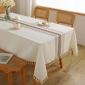 JIALE Rectangle Table Cloth, Heavy Duty Cotton Linen Waterproof Tablecloths Farmhouse Tablecloth, Soft and Wrinkle Free Table Cover with Tassels, 55''x70'', 4-6 Seats (Beige Wheat)
