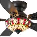 Tiffany Ceiling Fans with Lights - 48" Ceiling Fan Chandelier with 5 Dual-Blades and Glass Shade, 6 Speeds and Reversible, Indoor and Outdoor, Retro Style