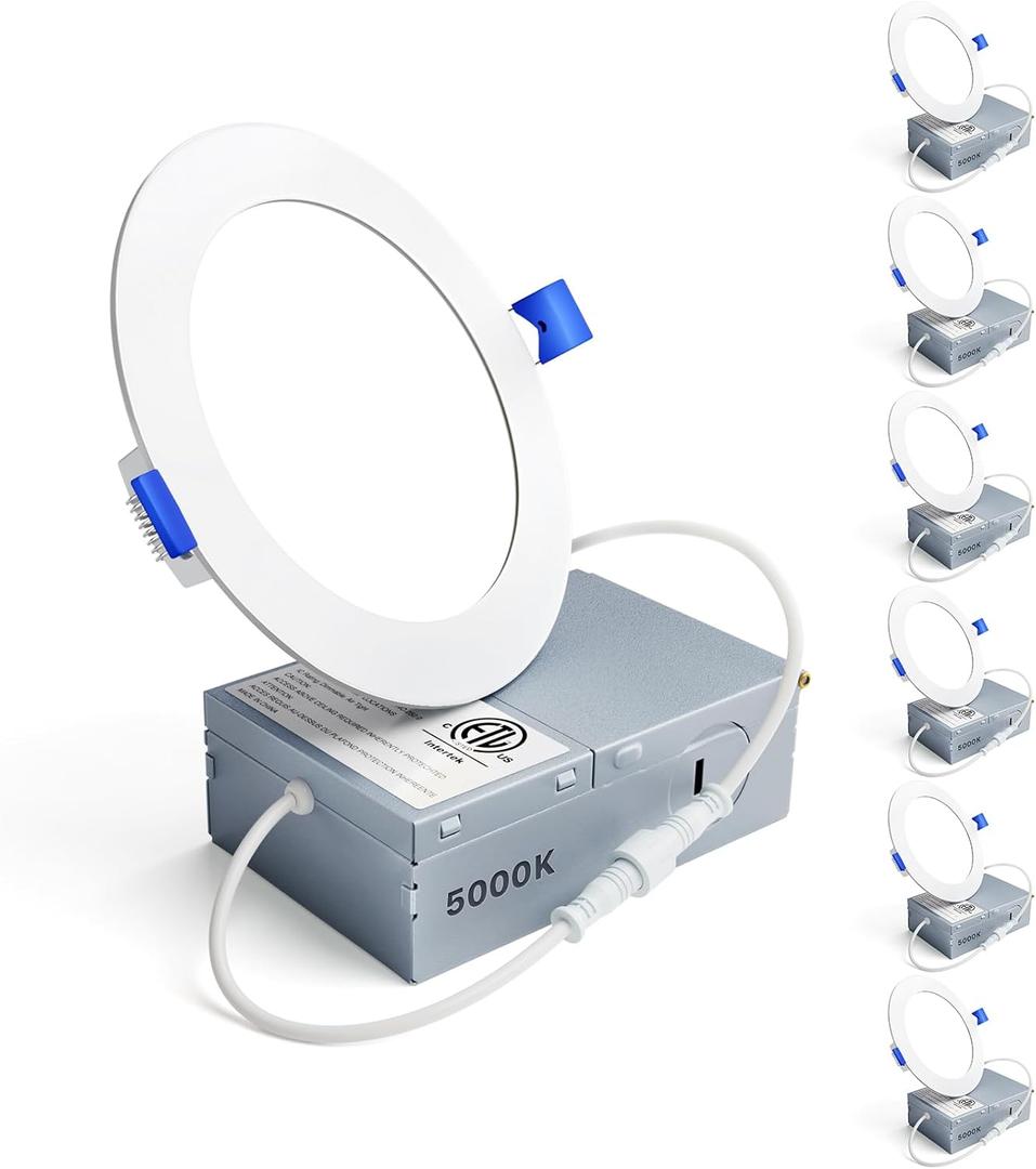 Ensenior 6 Pack 4 Inch LED Recessed Light, Dimmable, 5000K Daylight, 750LM High Brightness, 9W 120V, Damp Rated, Ultra-Thin Canless Wafer Ceiling Light - ETL & FCC & IC