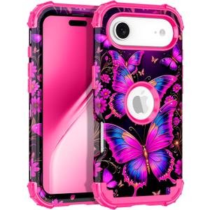 Rancase for iPhone Air Case,Three Layer Heavy Duty Shockproof Protection Hard Plastic Bumper +Soft Silicone Rubber Protective Case for Apple iPhone 17 Air 6.5 inch,Glow in The Dark-Hot Pink