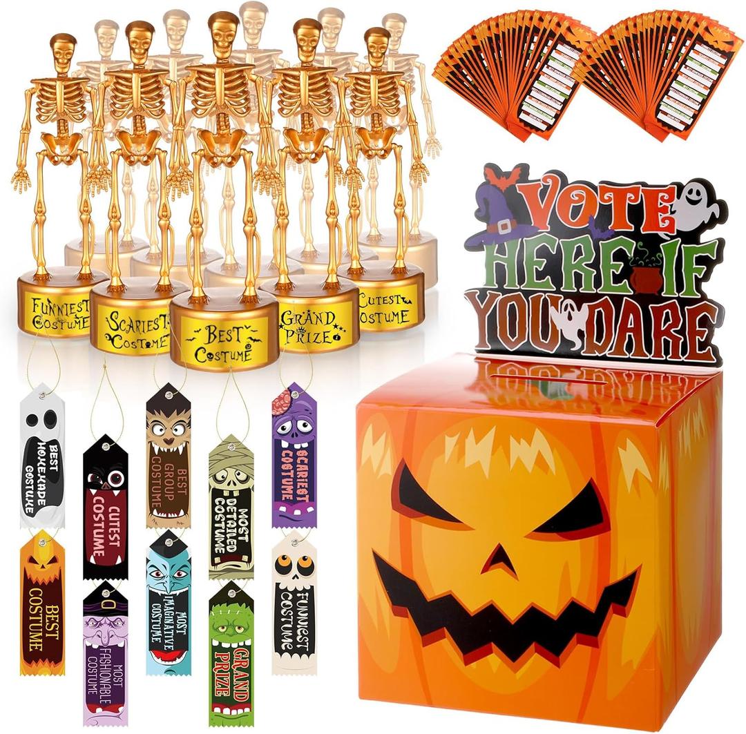 73 Pcs Halloween Party Supplies Set Halloween Costume Contest Ballot Box Voting Ballots Skeleton Trophy Award Ribbons Gold Stickers for Home Office Vote Party Game(Pumpkin)