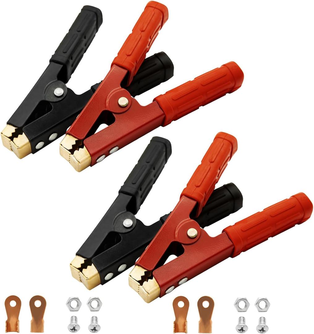 4PCS Heavy Duty Battery Charger Clamps & Jumper Cable Clamps (500-1000A, Red/Black) for Cars, Trucks, Boats, Auto Charging & Jump Starting Alligator Clips