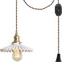 Swag Pendant Light with 15ft Plug-in UL Dimmable Cord Retro Ceramic Marble Shade Light Fixtures Nordic Decoratefor Hanging Ceiling Light for Dining Room Bulbs Not Included
