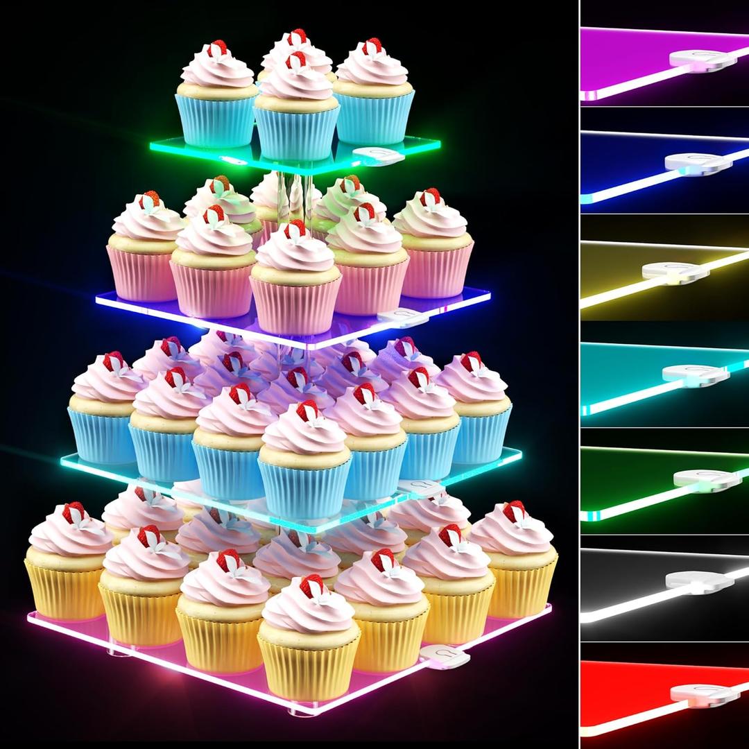 Weddingwish 4 Tier LED Cupcake Stand, Clear Acrylic Cupcake Tower with Rechargeable Light, Cupcake Holder for 50 Cupcakes, Cupcake Dessert Display Stand for Parties, Weddings, Birthdays, Baby Shower