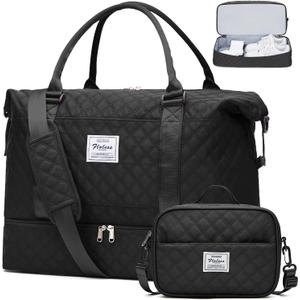 Weekender Bags for Women, Carry on Overnight Weekend Travel Duffel Bag with Shoes Compartment &Toiletry Bag, Personal Item Bag for Travel Business Trips Sport Hospital (Large, Grid-Black)
