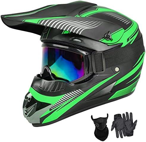 Motocross Helmet,Youth & Kids ATV Dirt Bike Motorcycle, BMX 4-Wheeler Off-Road Mountain Bike Helmet,DOT Certified,W/Gloves Goggles Mask 4-Piece Set (01 Green, Large)