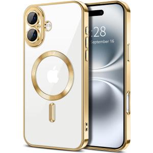 Hython Magnetic Clear for iPhone 16 Case with Camera Lens Protector [Compatible with MagSafe] Luxury Plating Edge Slim Soft TPU Cover Protective Phone Case for iPhone 16 6.1", Gold