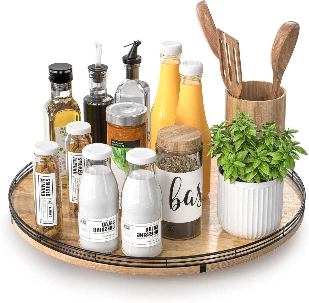 16" Lazy Susan Oak Wood Turntable Organizer for Cabinet, Farmhouse Round Wooden Large Lazy Susan Organization and Storage for Dining Table, Pantry, Kitchen, Bathroom, Countertop, Cupboard, Home Decor (Brown & Black)