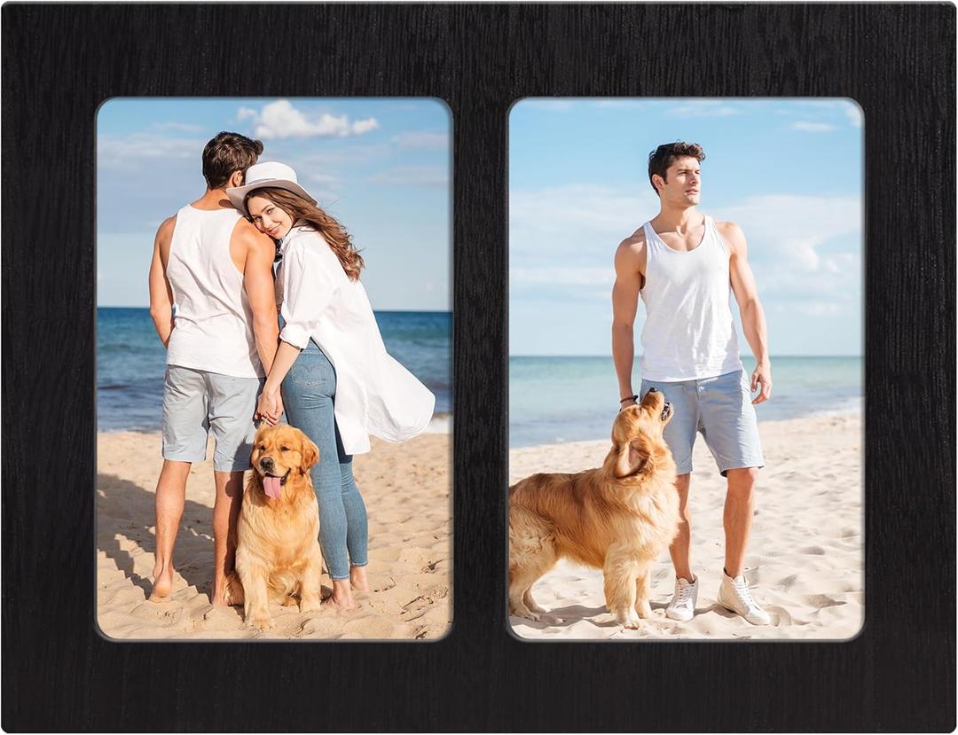 YESKAY 4x6 Picture Frame Collage - Double Picture Frames 4 x 6 Rustic Black Wood Frame with Tempered Glass,2 Picture Frame 4 by 6 Wall Decor or Tabletop 1 Pack